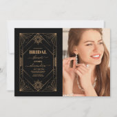 Invitation Photo Fête des mariées Art déco noir et or (Devant)