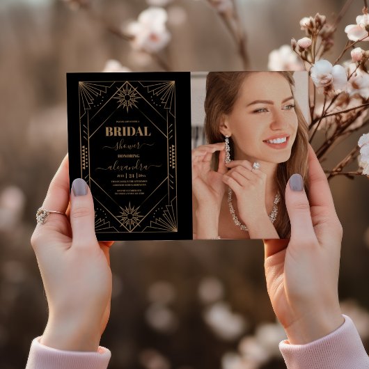 Invitation Photo Fête des mariées Art déco noir et or