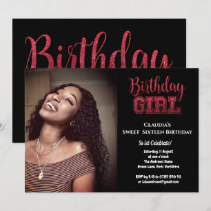 Invitation Photo Fille Anniversaire Élégant Pailleté Noir Swe