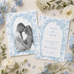 Invitation Photo Fleur Bleu Mariage Économisez la Date