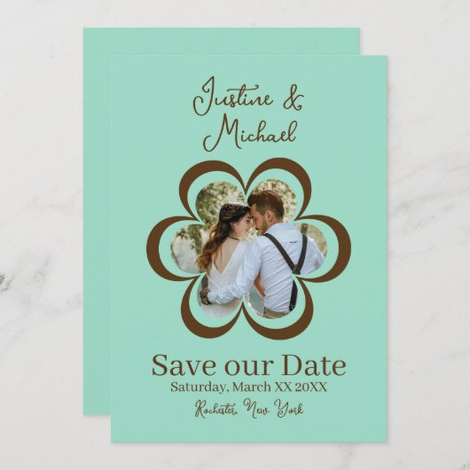 Invitation Photo Fleur Retro Turquoise et Mariage Brown (Devant / Derrière)