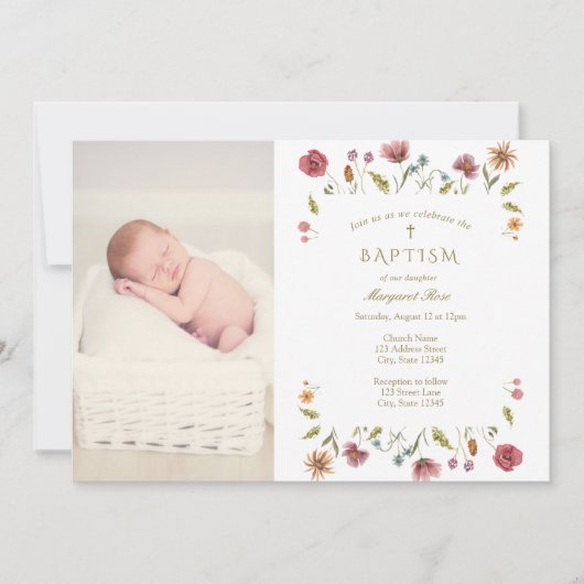 Invitation Photo fleur sauvage du baptême (Devant)