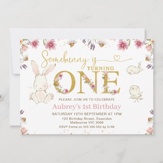 Invitation Photo fleur sauvage Un lapin 1er anniversaire (Devant)