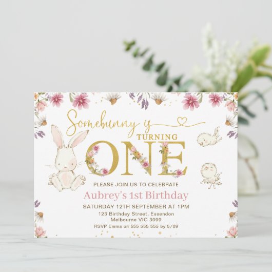 Invitation Photo fleur sauvage Un lapin 1er anniversaire (Debout devant)