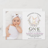 Invitation Photo Fleur sauvage violet Un lapin 1er anniversai (Devant / Derrière)