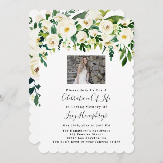Invitation Photo Fleurs D'Aquarelle Blanche Fête De La Vie (Devant / Derrière)