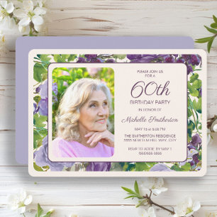 Invitation Photo Fleurs Violettes Feuilles Vertes 60e Anniver