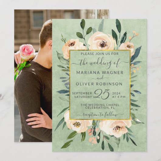 Invitation Photo Floral Beige Blush Rose Gold Sage Mariage (Devant / Derrière)