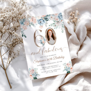 Invitation Photo Floral Bleu et Rose 60e Anniversaire