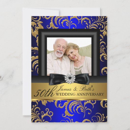 Invitation Photo floral bleu or 50e anniversaire de mariage (Devant)