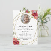 Invitation Photo Floral Burgundy Blush Célébration de la vie (Debout devant)