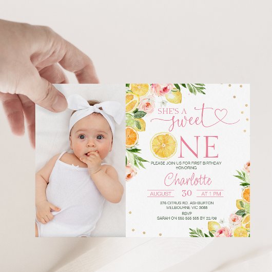 Invitation Photo Floral Citrus She's A Sweet One 1st Birthday