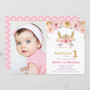 Invitation Photo Floral Cute Bunny Rabbit 1er anniversaire