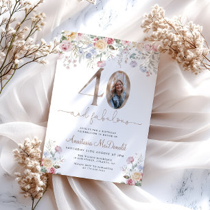 Invitation Photo Floral Élégant 40e Anniversaire