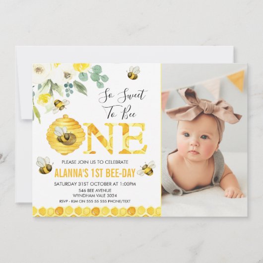 Invitation Photo Floral Honey Bee First Bee day Anniversaire (Devant)