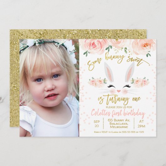 Invitation Photo floral lapin visage 1er Anniversaire Invitat (Devant / Derrière)