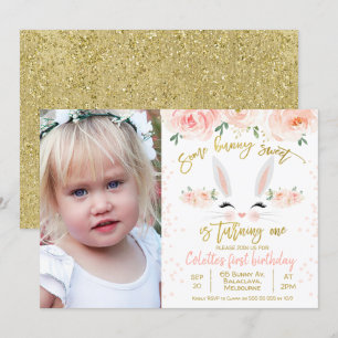 Invitation Photo floral lapin visage 1er Anniversaire Invitat