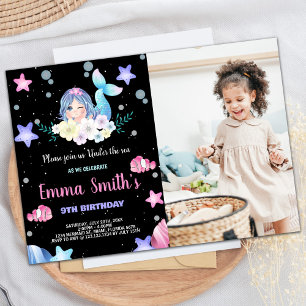Invitation Photo Floral noir sous la mer Sirène Anniversaire