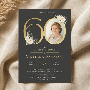 Invitation Photo Floral Or 60 Ans Anniversaire Élégant