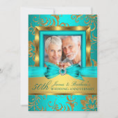 Invitation Photo Floral Or et Sarcelle 50e Anniversaire de Ma (Devant)