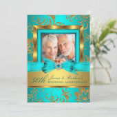 Invitation Photo Floral Or et Sarcelle 50e Anniversaire de Ma (Debout devant)