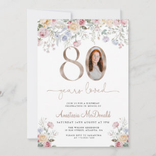 Invitation Photo Floral Pastel Élégant 80e Anniversaire