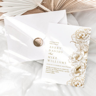 Invitation Photo Floral Peonies Blanc Golden Elegant Mariage