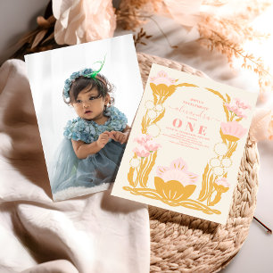 Invitation Photo Floral Pink Gold 1er anniversaire