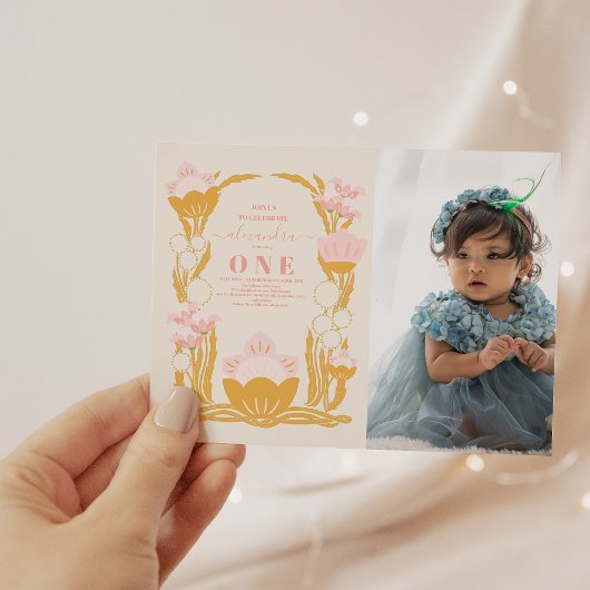 Invitation Photo Floral Pink Gold 1er anniversaire