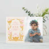 Invitation Photo Floral Pink Gold 1er anniversaire (Debout devant)