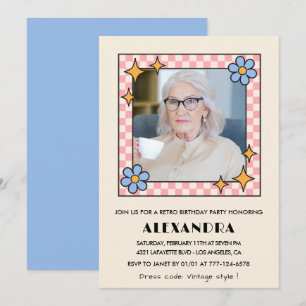 Invitation Photo floral rétro rose bleu 92e anniversaire