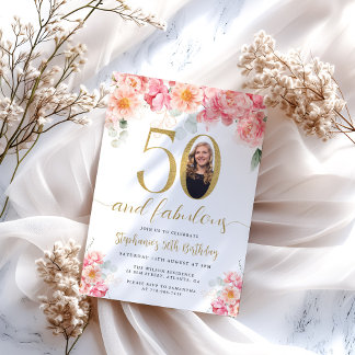 Invitation Photo Floral Rose et Or 50e Anniversaire
