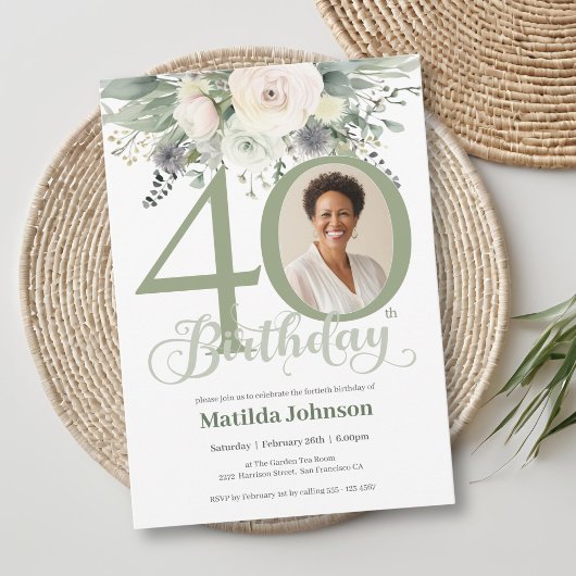 Invitation Photo Floral Sage 40e anniversaire