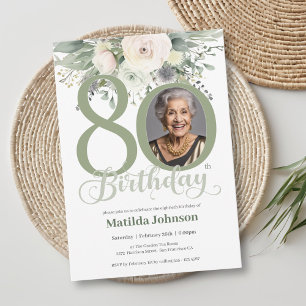 Invitation Photo Floral Sage 80e Anniversaire