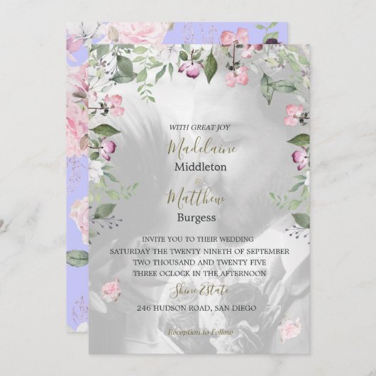 Invitation Photo Floral violet Mariage rose or (Devant / Derrière)