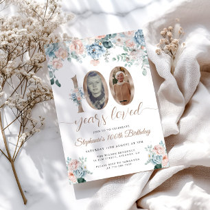 Invitation Photo florale bleu et rose 100e anniversaire