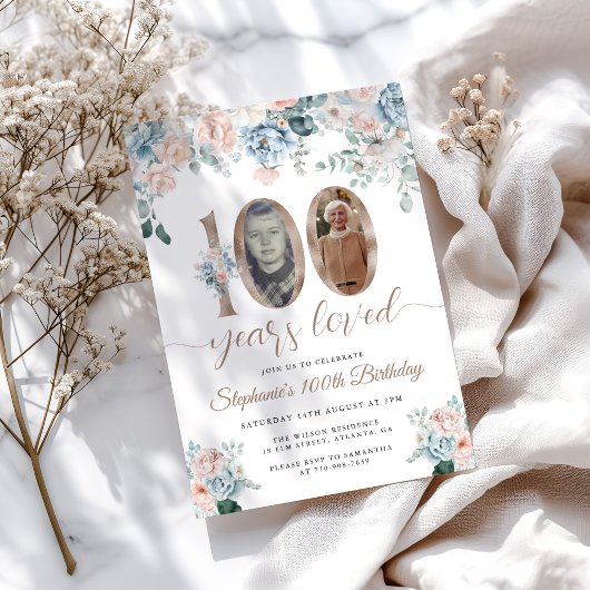 Invitation Photo florale bleu et rose 100e anniversaire