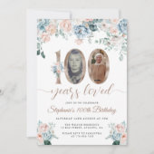 Invitation Photo florale bleu et rose 100e anniversaire (Devant)
