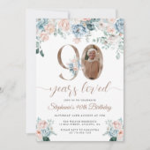 Invitation Photo florale bleu et rose 90e anniversaire (Devant)