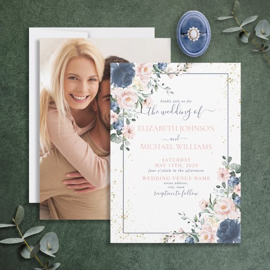 Invitation Photo florale bleu pâle bleu rose pâle