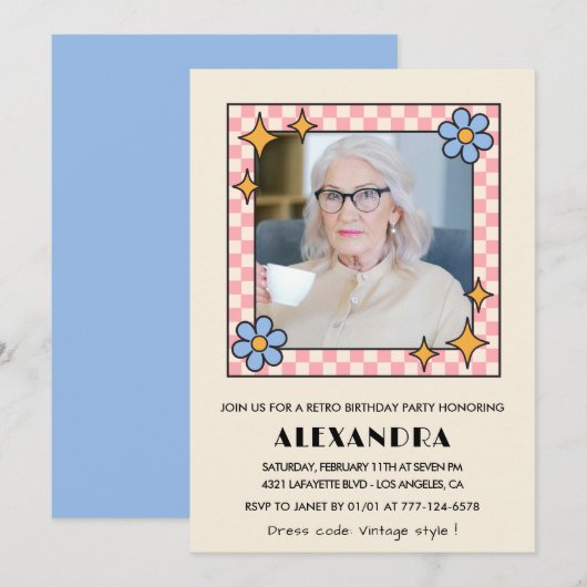 Invitation Photo florale bleu rose Retro 99e anniversaire (Devant / Derrière)