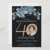 Invitation Photo Florale Bleue 40e anniversaire (Devant)