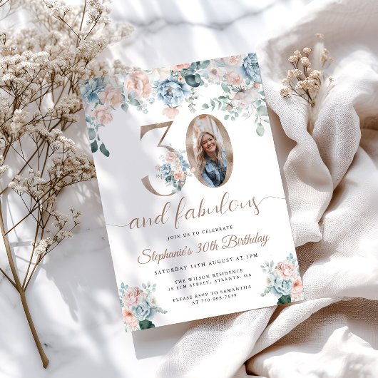 Invitation Photo florale bleue et rose 30e anniversaire Invit
