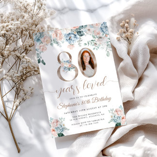 Invitation Photo florale bleue et rose 80e anniversaire