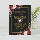 Invitation Photo florale Bourgogne moderne Black Gold (Debout devant)