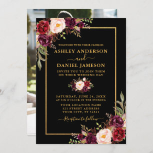 Invitation Photo florale Bourgogne moderne Black Gold