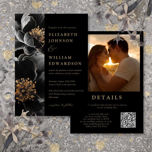 Invitation Photo Florale de luxe noir et or QR Code Mariage