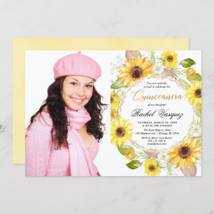 Invitation Photo florale de Quinceanera d'or jaune de