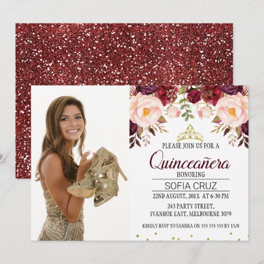 Invitation Photo florale du Maron moderne Quinceañera (Devant / Derrière)