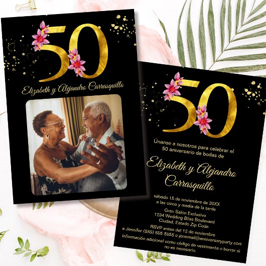 Invitation Photo Florale en or noir espagnol 50e anniversaire